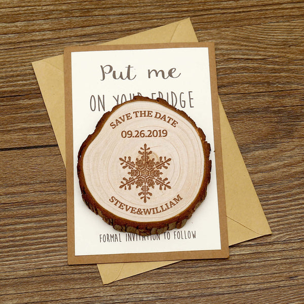 Personalize Snowflakes Wooden Save the date Magnets, Rustic Wedding Magnet Winter favors,Custom Wedding Wooden Slice Christmas Magnets