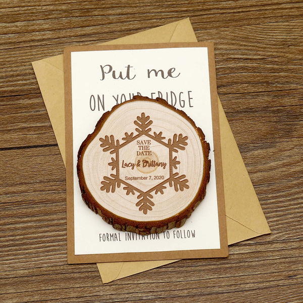 Personalize Snowflakes Wooden Save the date Magnets, Rustic Wedding Magnet Winter favors,Custom Wedding Wooden Slice Christmas Magnets