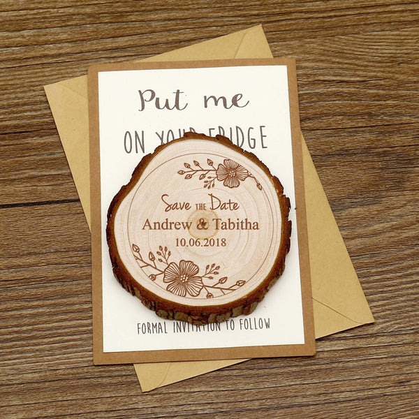 Personalize Froal Wreath Wooden Save the date Magnets, Rustic Wedding Magnet favors,Custom Wedding Wooden Slice Magnets