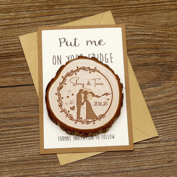 Personalize Couple Wooden Save the date Magnets, Rustic Wedding Magnet favors,Custom Wedding Kissing Couple with Wreath Wooden Slice Magnets