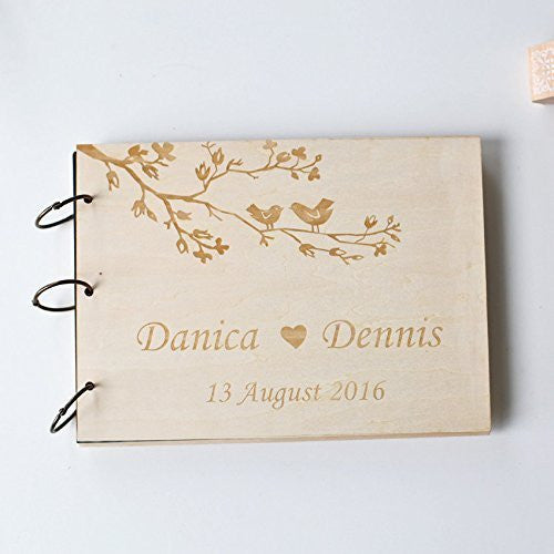 Custom Wedding guestbook, personalized wood rustic guest book album bridal shower engagement anniversary-Couple Bird On The Branch