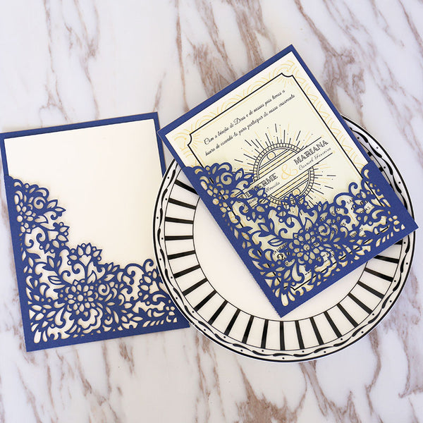 Dark blue Pocket Envelope Wedding Invitation,laser cut custom invitations, personalized greeting card