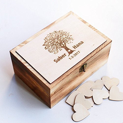 Personalized Wedding guest book Alternative, Heart Guest Book, Custom Wooden Keepsake box, Recipe Box with 100 hearts
