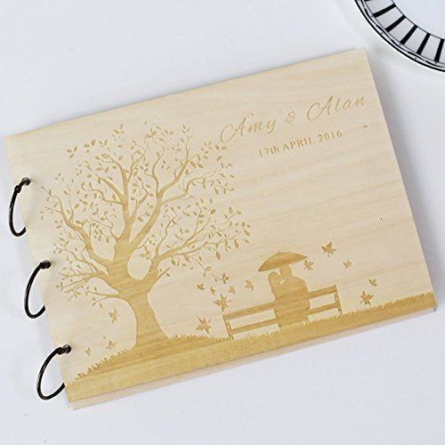 Custom wedding guest book wood rustic wedding guest book album bridal shower engagement anniversary - Love Tree Couple on the bench