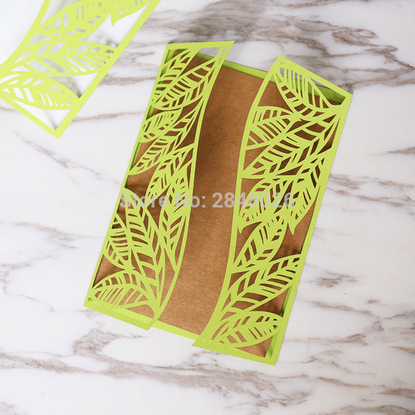 Customized tropical Leaves Leaf Laser Cut Wedding Invitation,palm tree style invitations, personalized printed folded cards