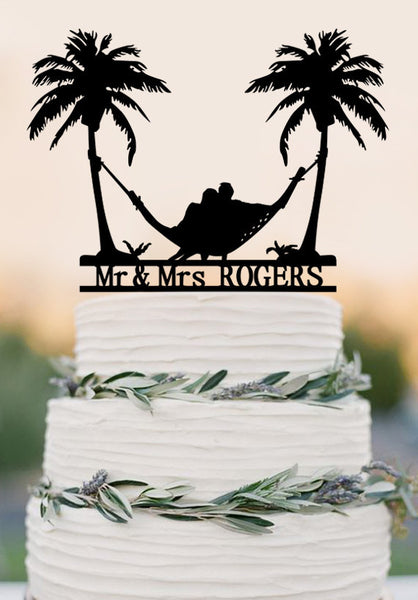 Beach Theme Honeymoon Hammock Wedding Cake Topper Palm Trees Cake Topper-Mr and Mrs Cake Topper with Last Name