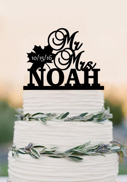 Mr and Mrs Fall Leaf Wedding Cake Topper with YOUR Last Name and date - maple leaft fall wedding,