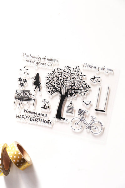 trees clear stamp/Bike Clear rubber Stamps/Planner Stamps/Stamp Set/happy birthday Stamps/Planning accessory/