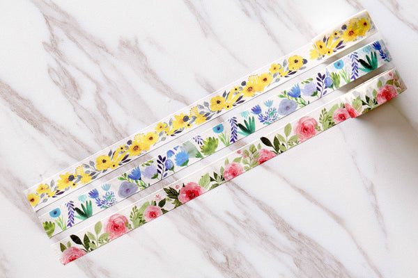 Set of 3 flowers washi tape/Yellow Floral Washi Tape/purple flower washi tape/Blossom Washi tape /Striped Washi tape