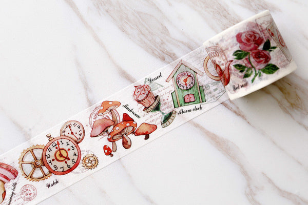 Alice's Dream Washi Tape/ Rose Washi Tapes/Japanese washi Tape/ clock and mushroom washi tape/tea party washi tape