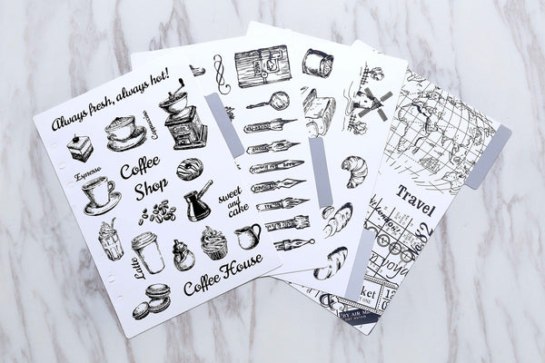 Set of 4 Coffee Shop Planner dividers/pencil and bags A5 size paper planner dividers/bread planners dividers/world map planner dividers