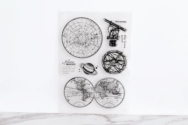 World Map Stamp/ Astronomy Rubber Stamp /Globe Clear Transparent Stamp/Cartography,universe,Telescope,earth stamp