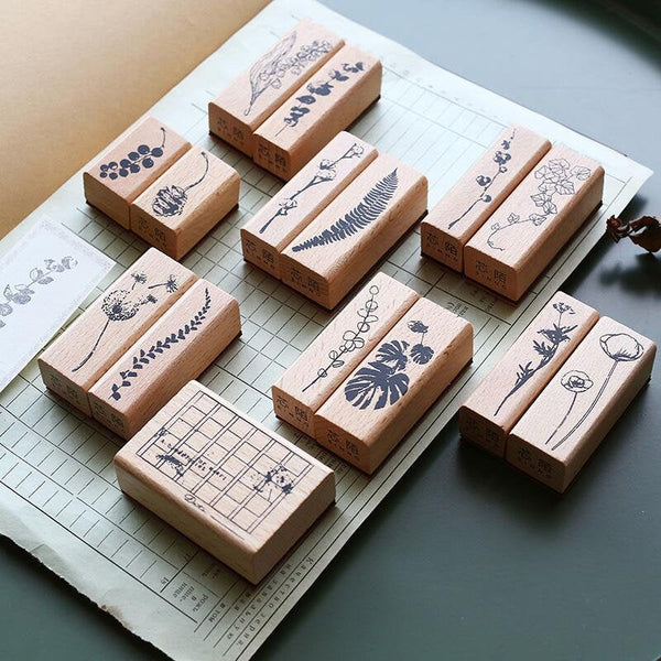 Botanical Rubber Stamp / Wooden wild flower Rubber Stamp/wild rose sunflower peach blossom stamp set /floral stamps /herb stamp kit