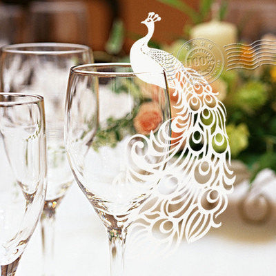 Pack of 50 laser cut Peacock name cards for wedding party glass of Confetti decoration/place card/escort cards