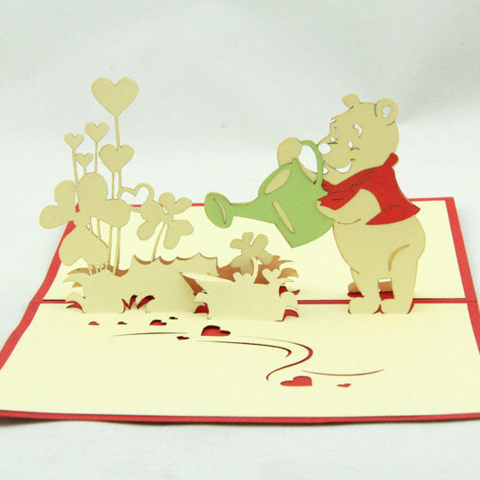 Bear in Pop up card greeting card 3d gift card watering flower cartoon