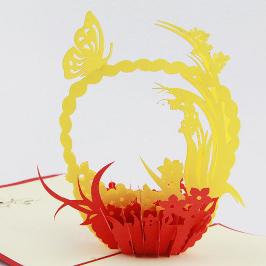 Basket flower thank you card pop up card -greeting card 3d laser cut butterfly within flora card