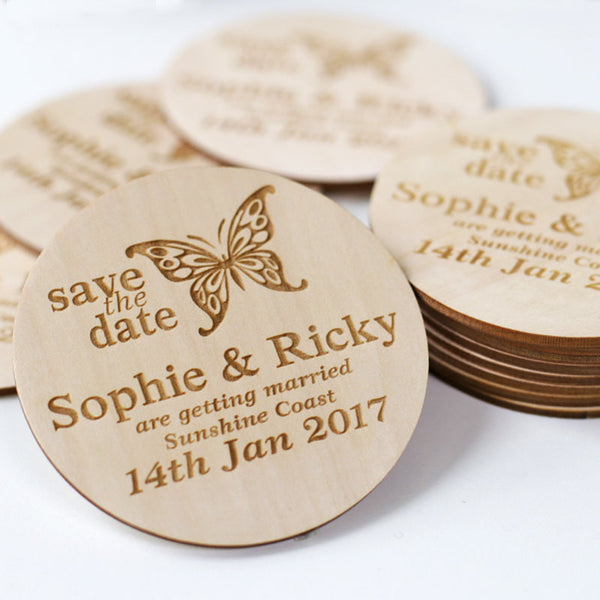 Butterfly Style Wooden Wedding Save the Date Magnets