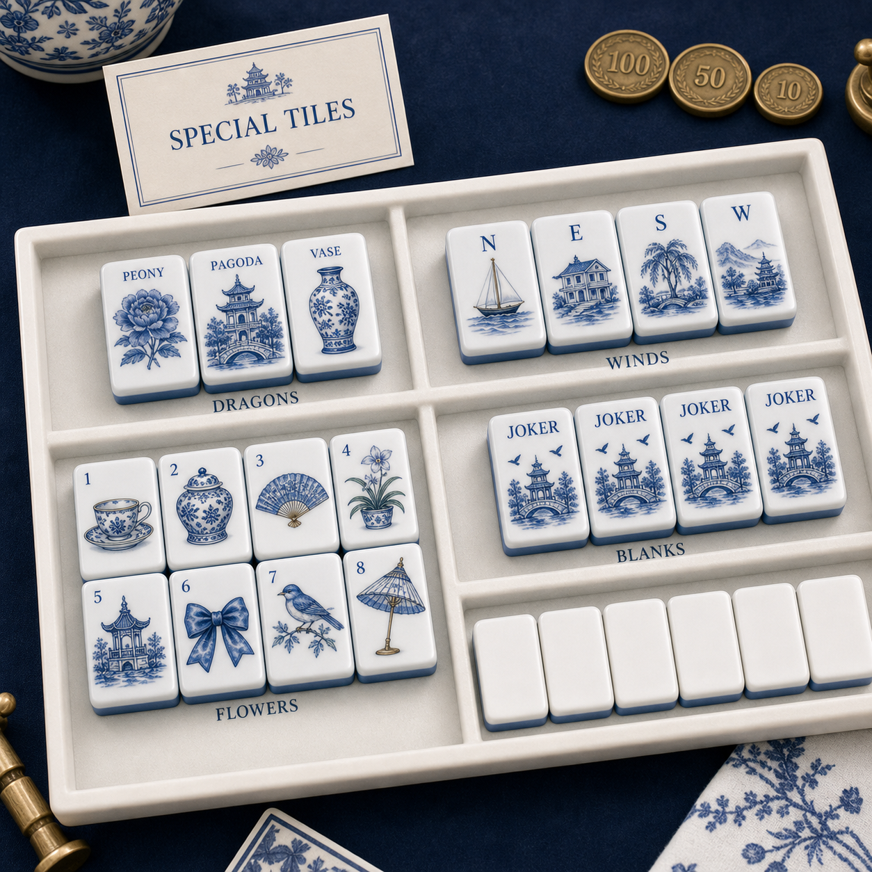Blue Willow Chinoiserie Mahjong Tile Set
