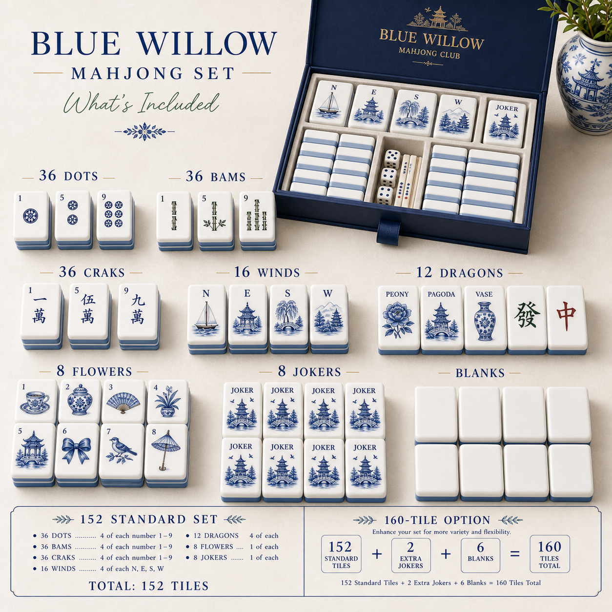 Blue Willow Chinoiserie Mahjong Tile Set