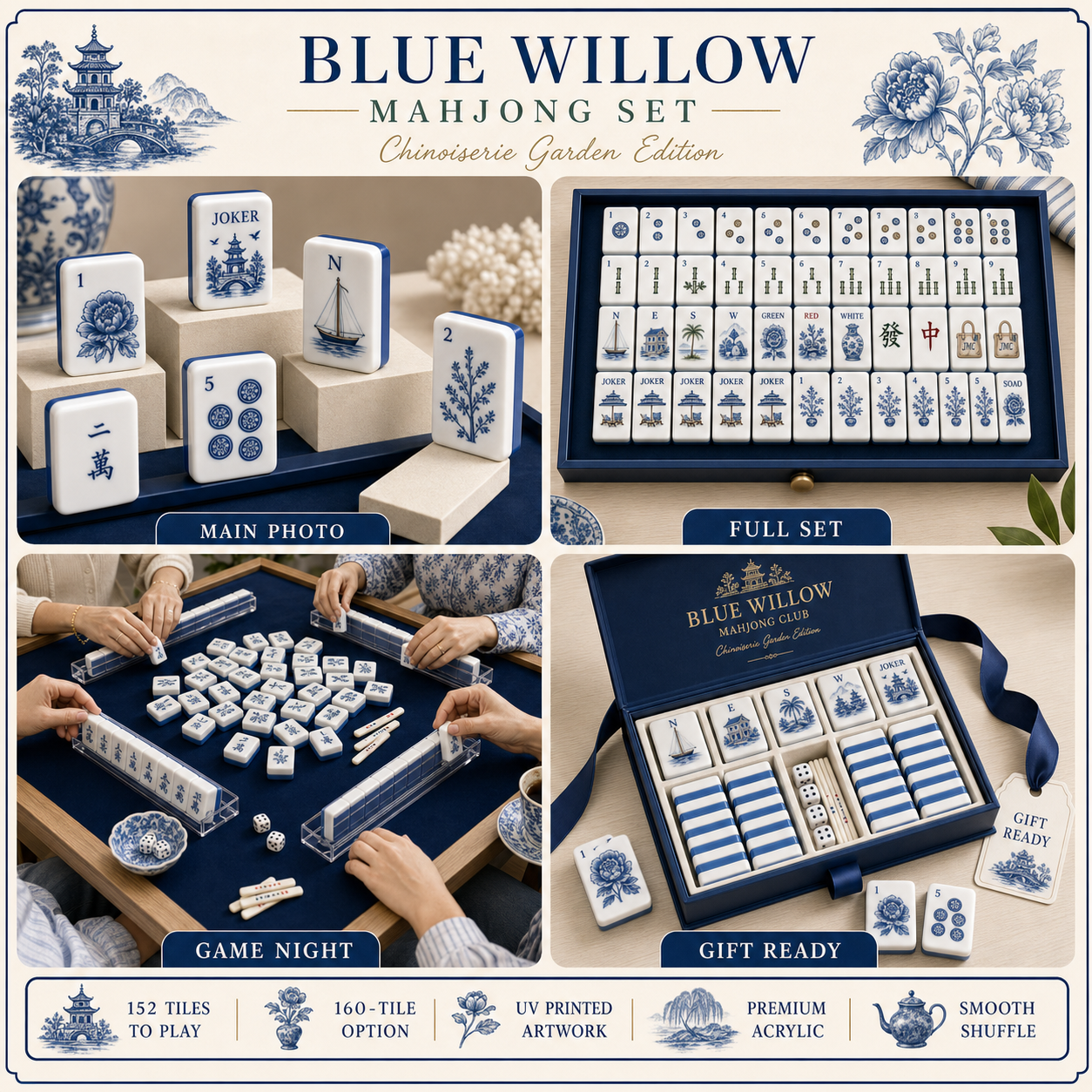 Blue Willow Chinoiserie Mahjong Tile Set