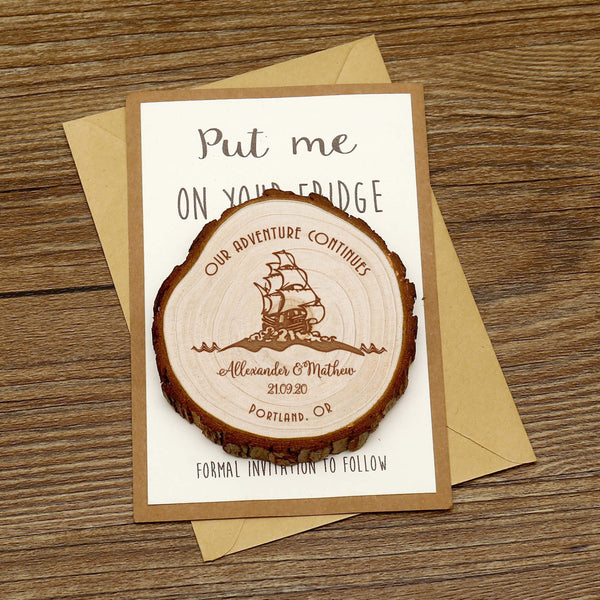 Personalize OUR ADVENTURE CONTINUES  Wooden Save the date Magnets, Rustic Wedding Magnet favors,Custom Wedding Sailboat Wooden Slice Magnets