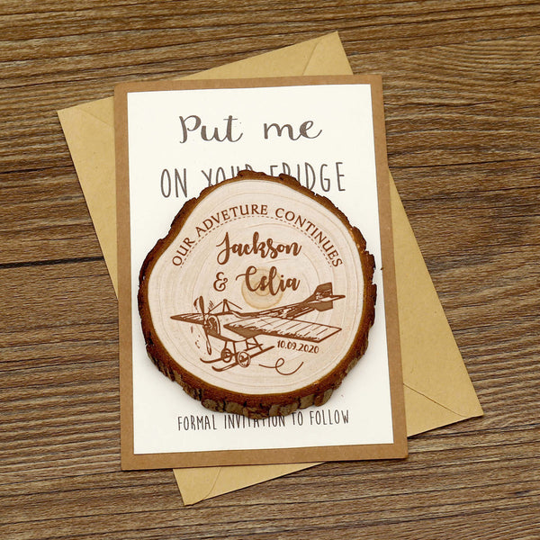 Personalize OUR ADVENTURE CONTINUES Wooden Save the date Magnets, Rustic Wedding Magnet favors,Custom Wedding AircraftWooden Slice Magnets