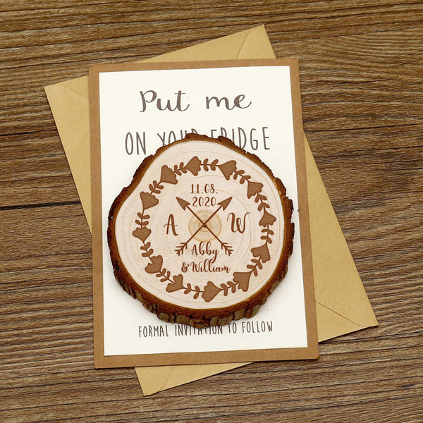 Personalize Flora Wreath Wooden Save the date Magnets, Rustic Wedding Magnet favors,Custom Wedding Wooden Slice Magnet with Arrow