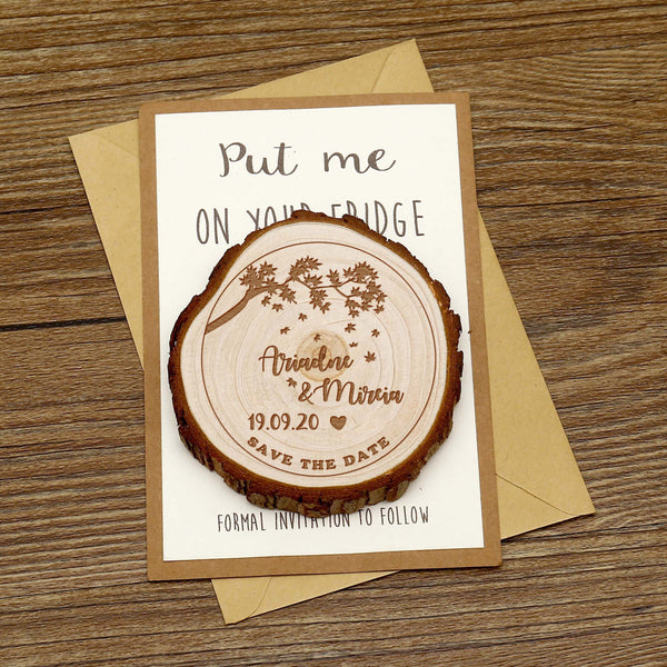 Personalize Fallen leaves Wooden Save the date Magnets, Rustic Wedding Magnet favors,Custom Wedding Wooden Slice Tree  Magnets