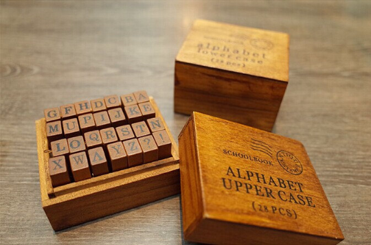 28 Wooden Rubber Stamp Box / Vintage Capital Alphabet Stamp /gift set