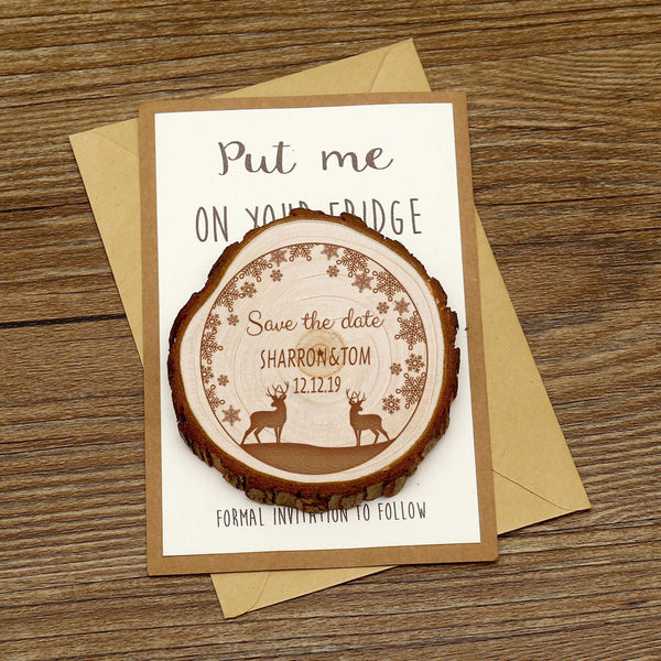 Personalize Snowflakes Wooden Save the date Magnets, Rustic Wedding Magnet Winter favors,Custom Wedding Wooden Slice Christmas Deer Magnets