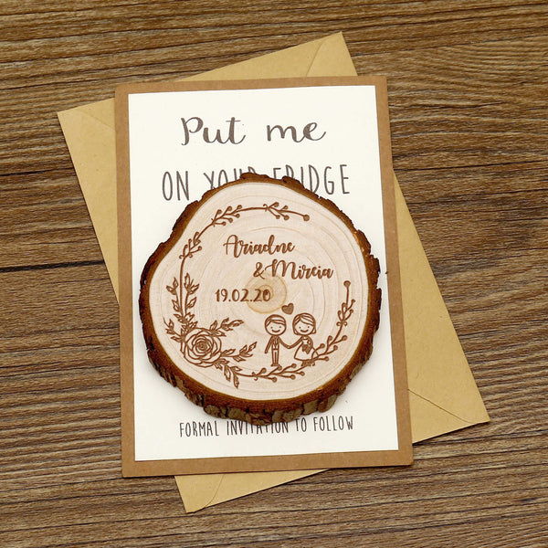 Personalize Couple Wooden Save the date Magnets, Rustic Wedding Magnet favors,Custom Wedding Kissing Couple with Floral Wooden Slice Magnets