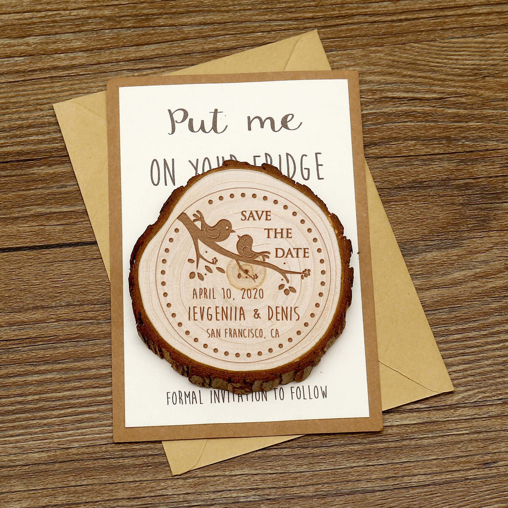 Personalize Couple  Wooden Save the date Magnets, Rustic Wedding Magnet favors,Custom  Wedding Wooden Slice Couple Birds On The Tree  Magnets
