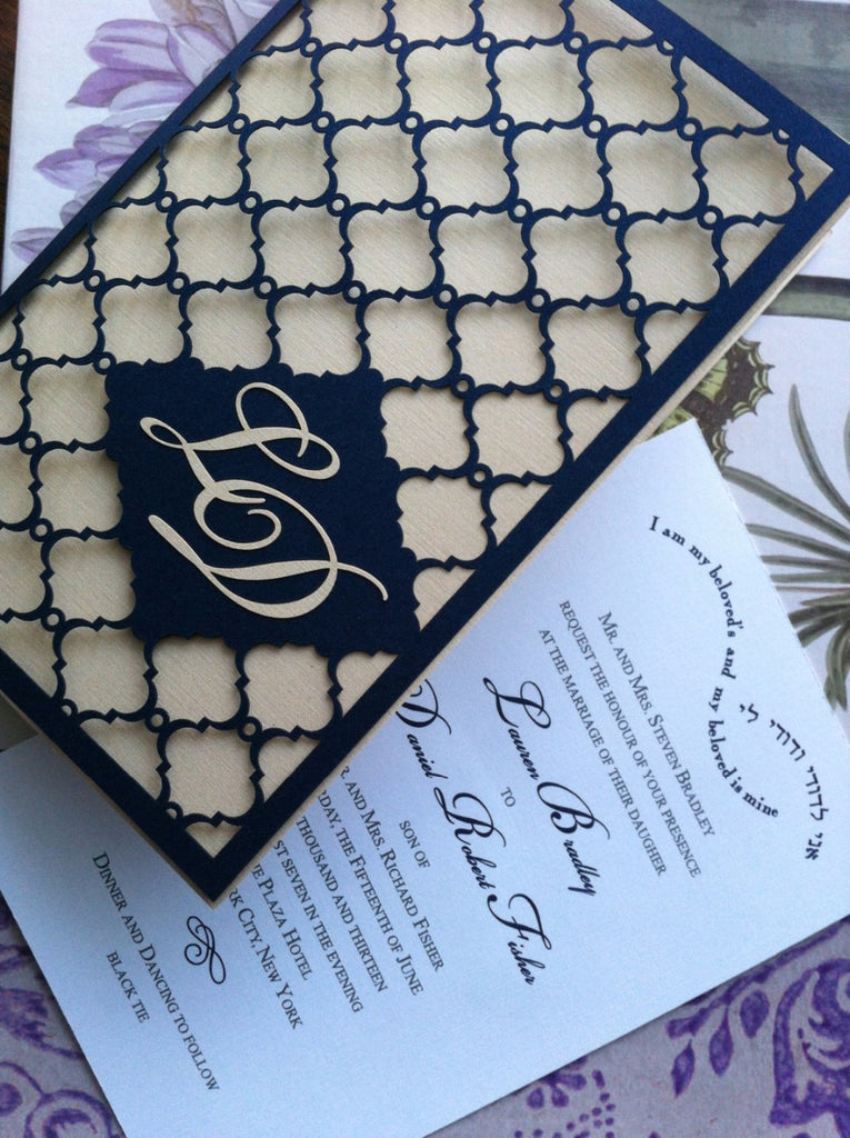 Monogram Navy blue Laser Cut Wedding Invitation Great Gatsby style inv –  DokkiDesign