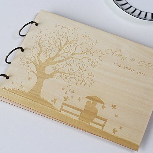 Custom wedding guest book wood rustic wedding guest book album bridal shower engagement anniversary - Love Tree Couple on the bench