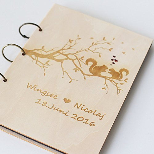 Wedding Tree with Squirrels Guest Book , Wood Rustic Wedding Guest Book Album Aniversary Wedding Book