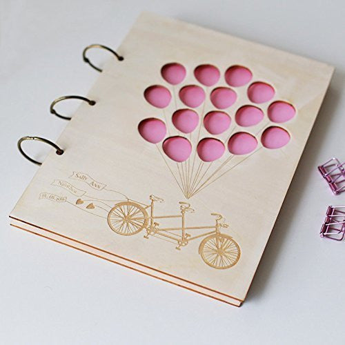 Rustic Wood Wedding Guest Book with Balloons And Bike Wedding Wood Advice Book, Laser Cut Wedding Guest Book, Custom Guest Book