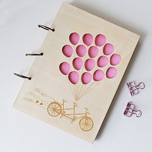 Rustic Wood Wedding Guest Book with Balloons And Bike Wedding Wood Advice Book, Laser Cut Wedding Guest Book, Custom Guest Book