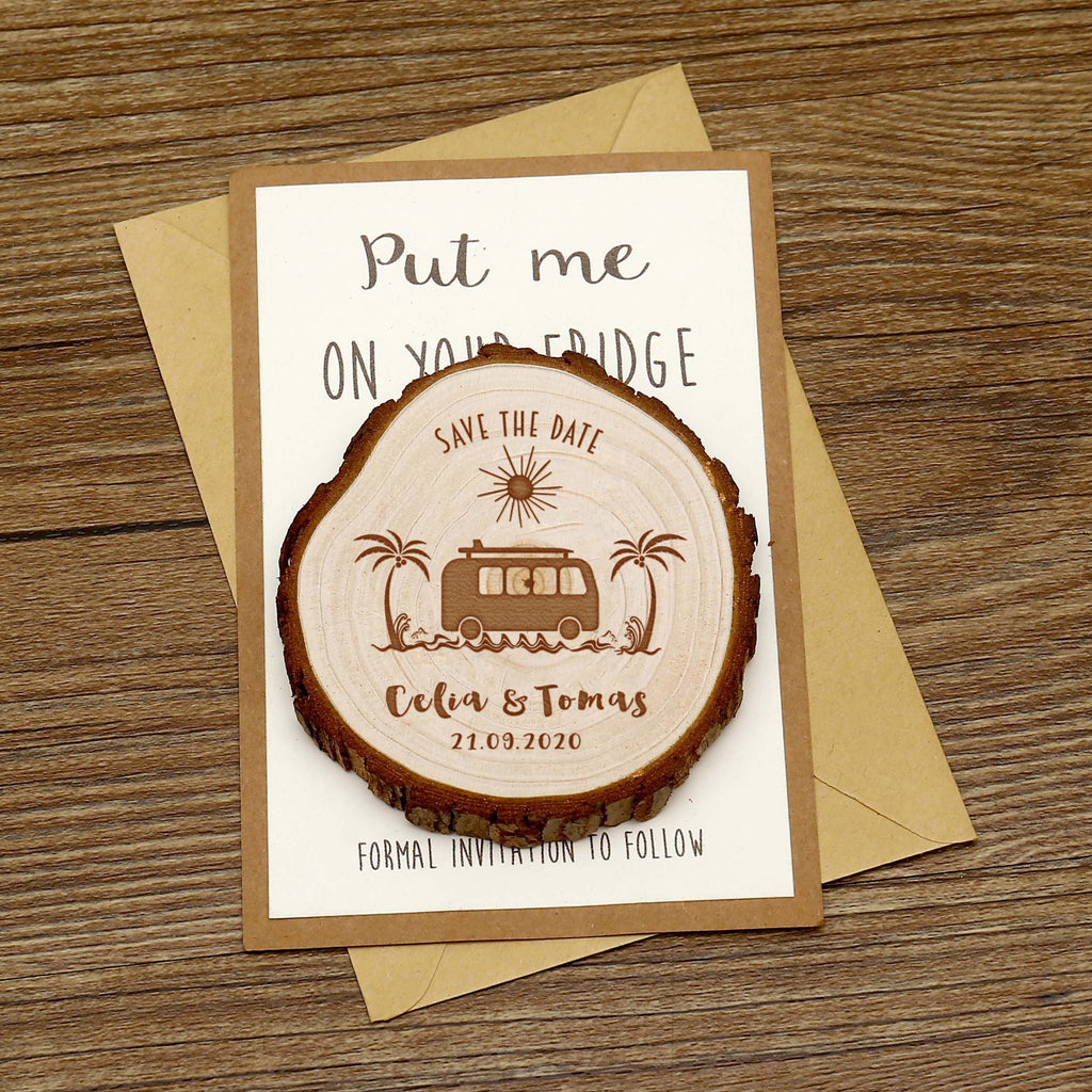 Personalize Summer Wooden Save the date Magnets, Rustic Wedding Magnet favors,Custom Wedding Wooden Slice Palm Tree with Car Magnets