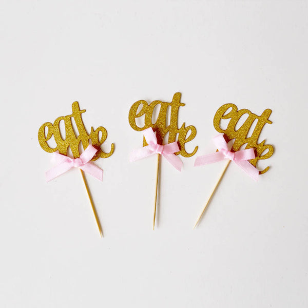 Eat me cake toppers, gold tea party decor, eat me with ribbon bow table decor, Alice in Wonderland Party Decorations