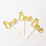 ONE cupcake Topper with crown,st Birthday Party, Royal Little Prince Princess First Birthday, Gold glitter cupcake topper,