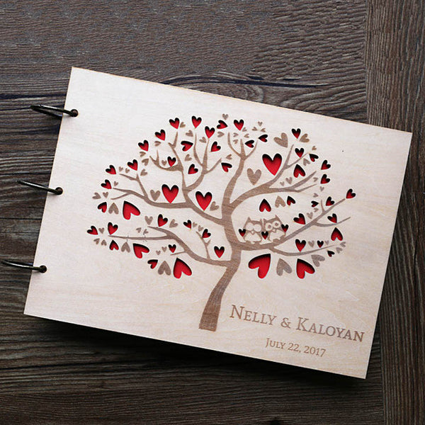 Owl Wedding Guest Book , Rustic Guest Book,heart tree Wedding Guestbook, Wooden wedding gift