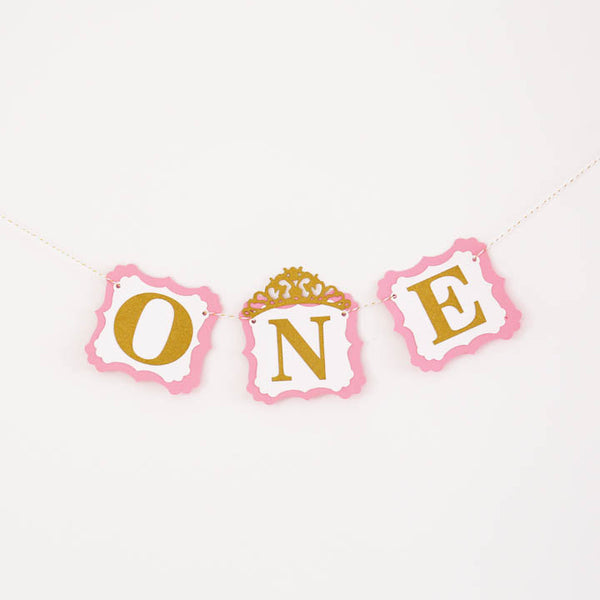 Pink and Gold One Banner High Chair Banner First Birthday Princess Party I am One Banner Photo Props Name Banner