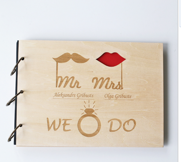 Custom Bride and Groom Wood Wedding Guest Book, Wedding lips and mustache Present, Anniversary Gift, Bridal Shower Book, Wedding Photo Album
