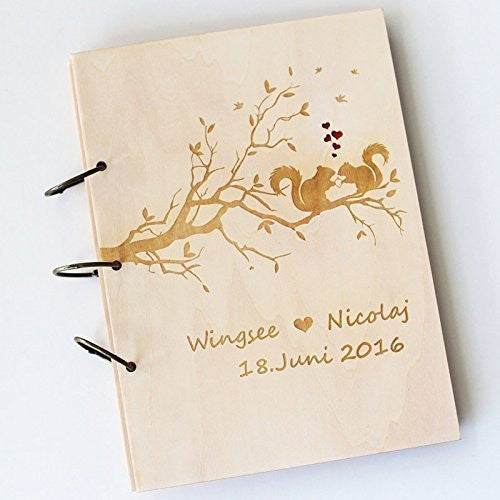 Wedding Tree with Squirrels Guest Book , Wood Rustic Wedding Guest Book Album Aniversary Wedding Book