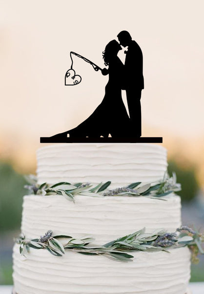 Custom wedding cake topper,Hooked on Love, personalized topper,fishing cake topper with initials