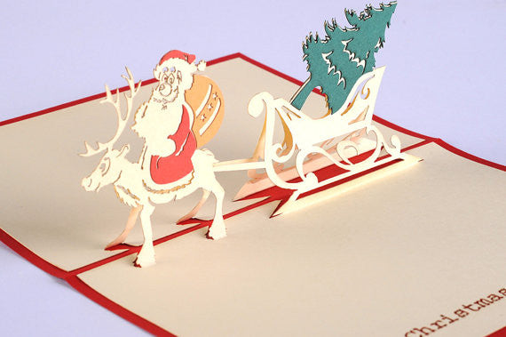 Santa with Christmas Tree Christmas card / pop up card / 3D card handmade card greeting Christmas card