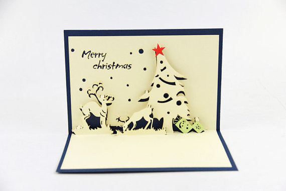 Deer and Christmas tree card / pop up card / 3D card handmade card greeting Christmas card