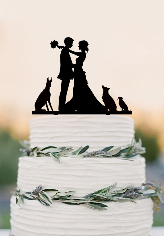 Custom wedding cake topper bride and groom with dogs funny wedding decoration