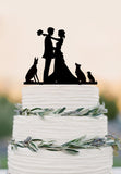Custom wedding cake topper,bride and groom with dogs,funny wedding decoration