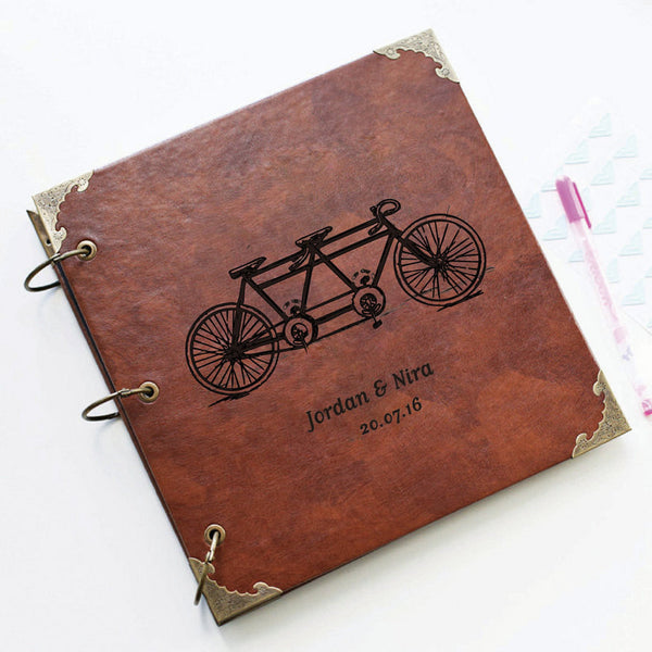 Personalized Tandem Bicycle Engraved Leather Photo Album/ Personalized Scrapbook Album /Wedding Guestbook/ guest book/Wedding gift book